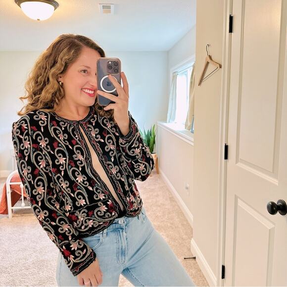 Vintage Adrianna Papell Black Floral Silk Beaded Open Front Jacket Medium